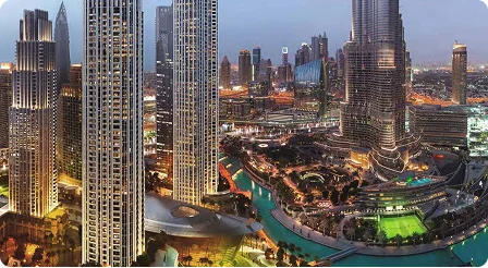 Downtown Dubai towers along the Dubai Water Canal